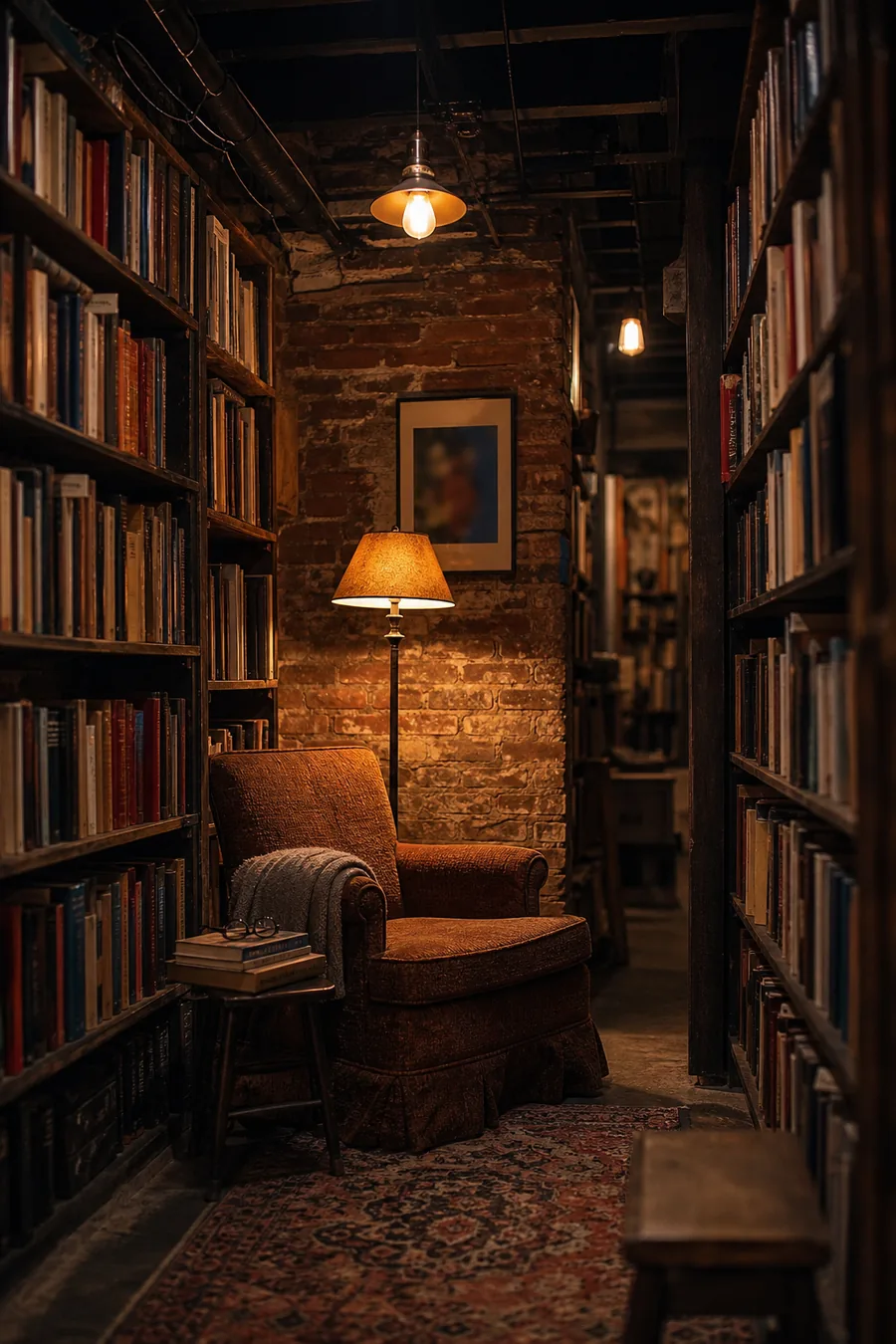 A reading corner with an armchair, lamp and stack of books