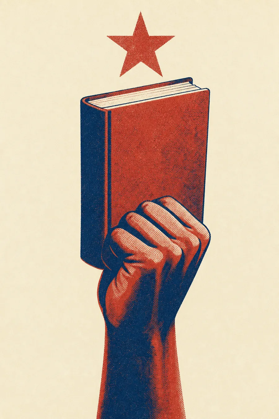 Two-color print illustration of a raised fist holding a book