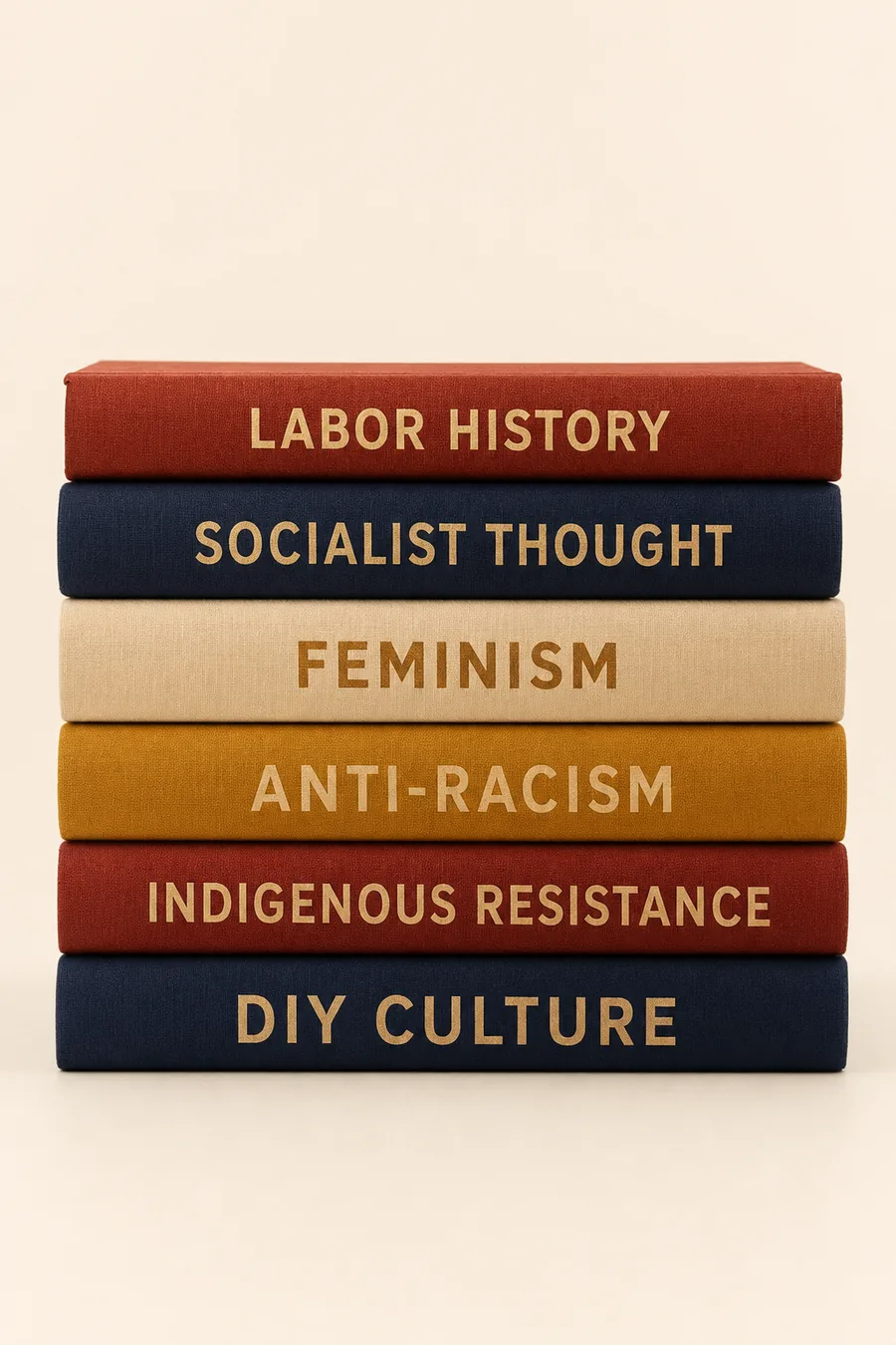 A stack of hardcover books with spines reading Labor History, Socialist Thought, Feminism, Anti-Racism, Indigenous Resistance and DIY Culture