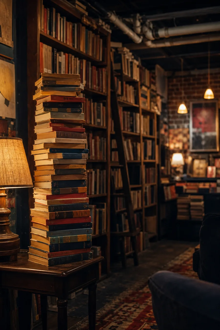 A leaning stack of well-loved used paperbacks in warm lamplight